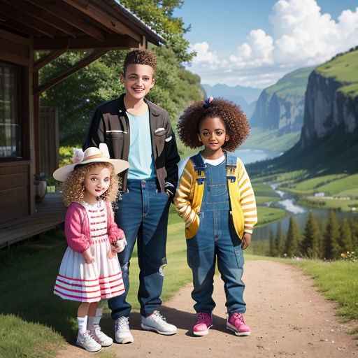 a man and two children standing on a dirt road in front of a cabin with mountains in the background