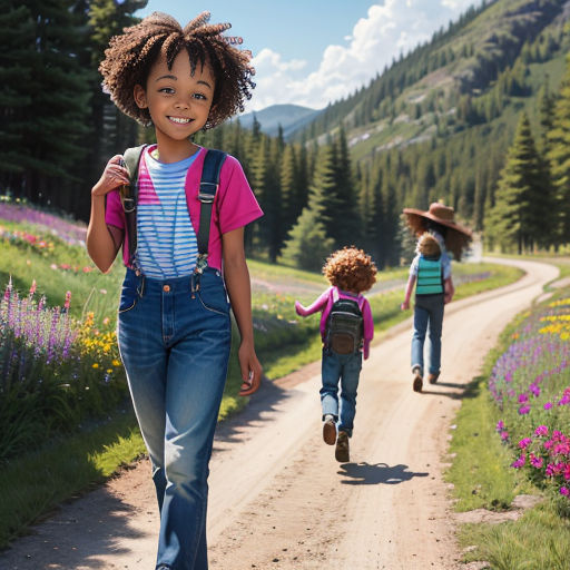 a group of children walking down a dirt road in the mountains with backpacks on their backs and a backpack on their shoulder