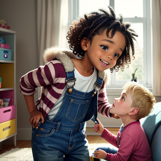 a little girl is helping a little boy to put something in his mouth with a pair of scissors in his hand