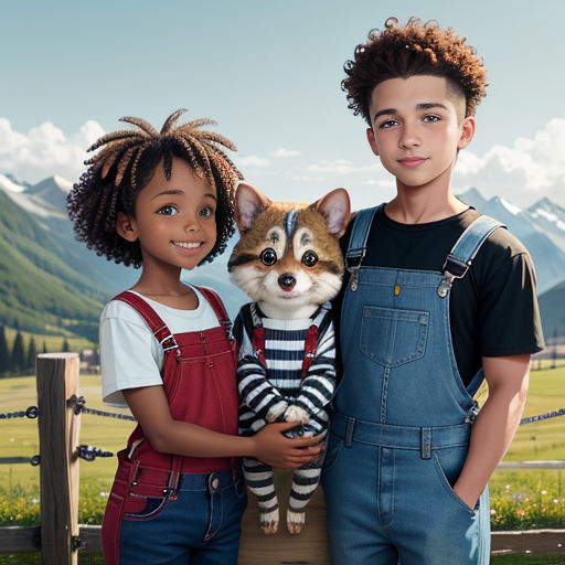 a boy and a girl standing next to a dog in overalls and a striped shirt and a dog in a striped shirt