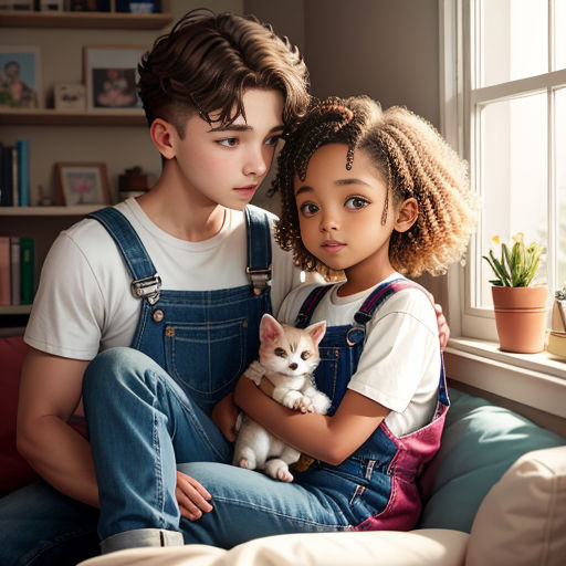 a boy and girl sitting on a couch with a small dog in their lap and a cat in their lap