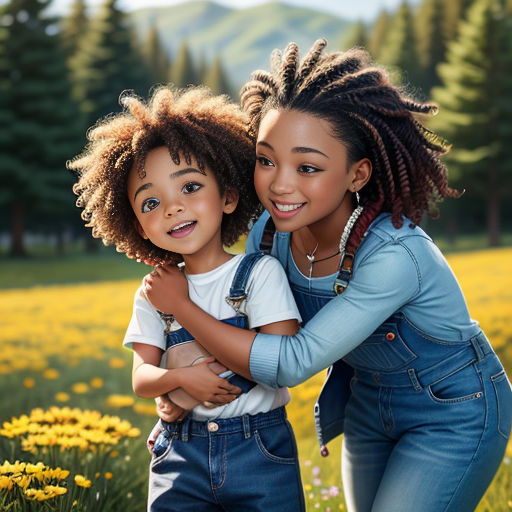 a woman and a child are hugging in a field of flowers with mountains in the background and trees in the distance