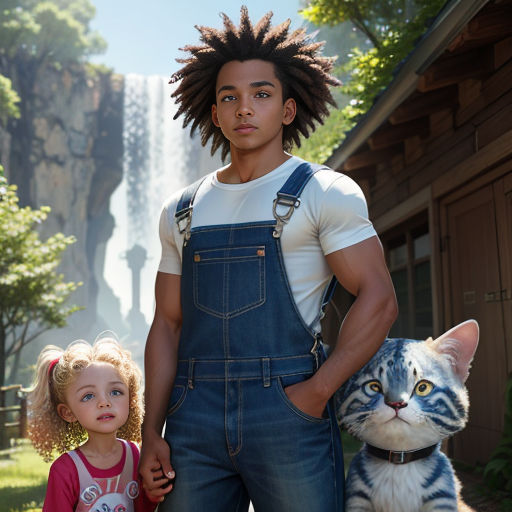 a man and a little girl standing next to a cat and a waterfall in the background with a waterfall in the background