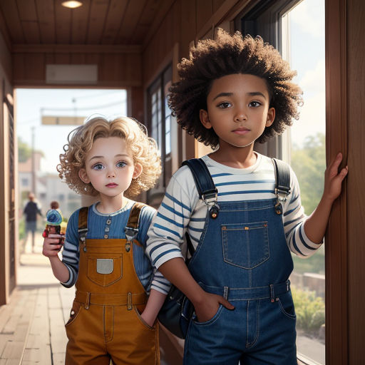 two children standing next to each other in overalls and overalls, one holding a bottle of ice cream