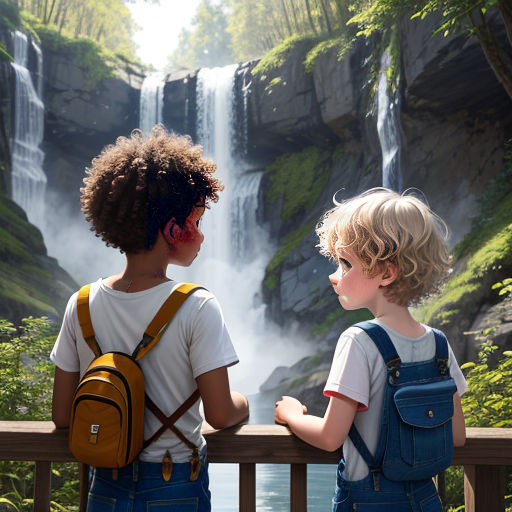 two children looking at a waterfall from a bridge over a river with a backpack on their shoulders and a backpack on their shoulder