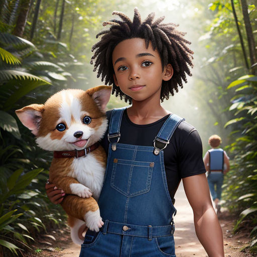 a young boy holding a dog in a forest with a forest background and a path in the foreground