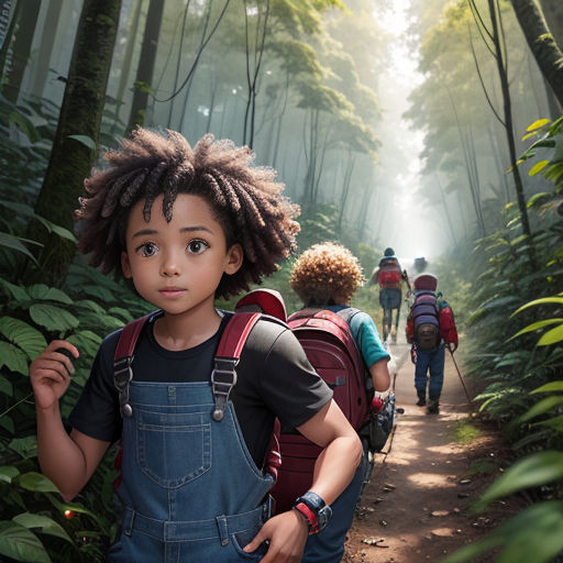 a group of people walking through a forest with backpacks on their backs and a backpack on their back