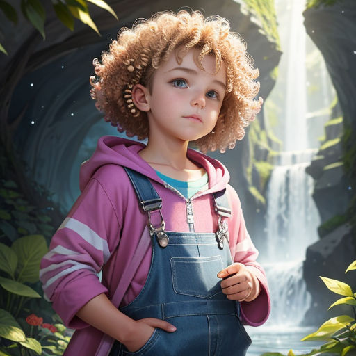 a young girl with curly hair and a pink shirt is standing in front of a waterfall and a waterfall