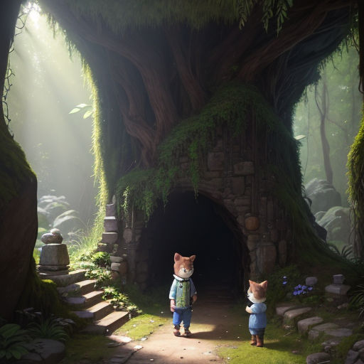 a couple of animals that are standing in the dirt near a tunnel in the woods with stairs leading to it