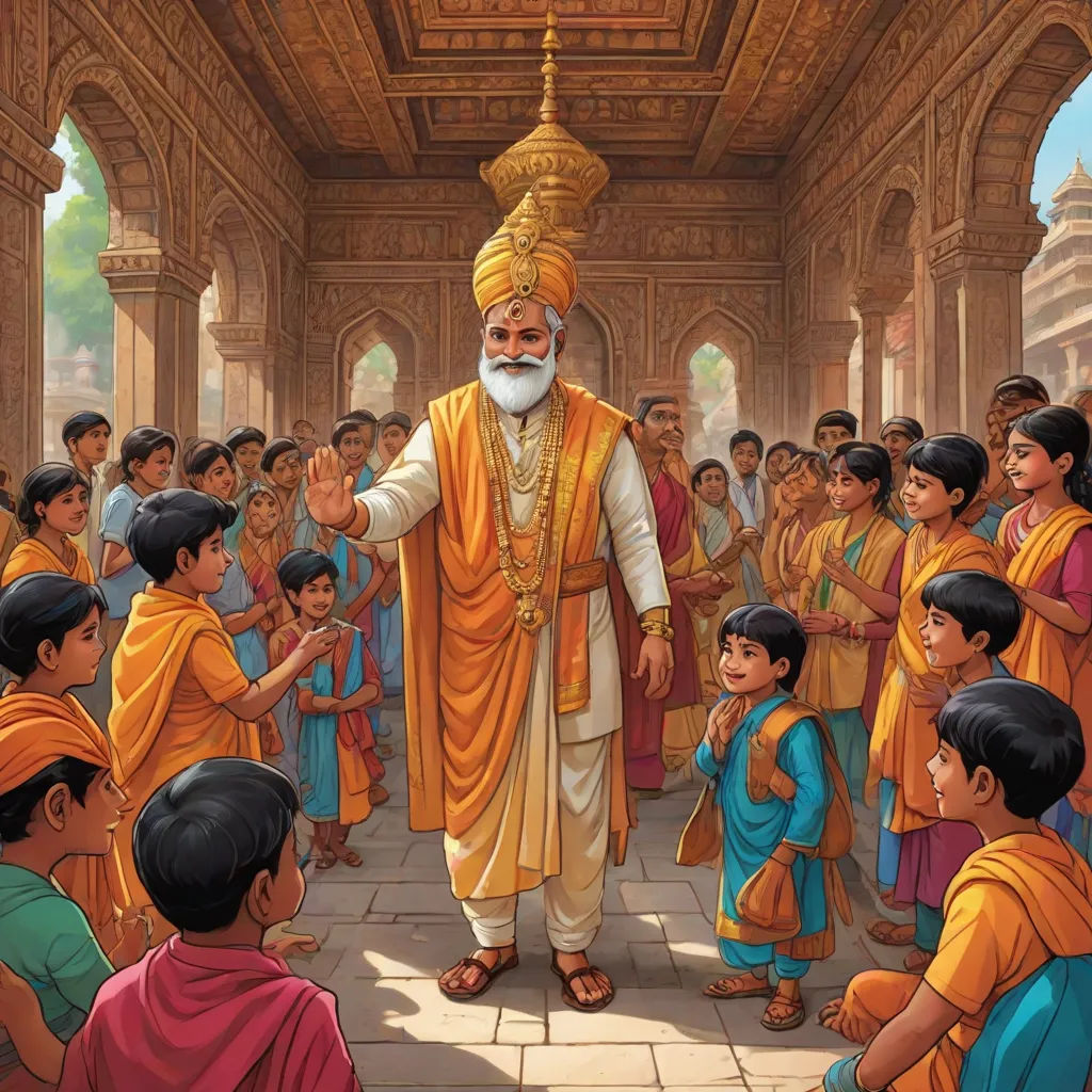 a painting of a man in a temple surrounded by children and a priest in orange robes and a white beard, samikshavad, a storybook illustration, Bapu, highly detailed digital painting