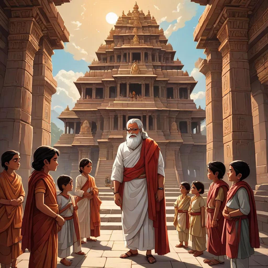 a painting of a man standing in front of a group of people in front of a temple with a sun in the background, samikshavad, a storybook illustration, Bapu, detailed illustration