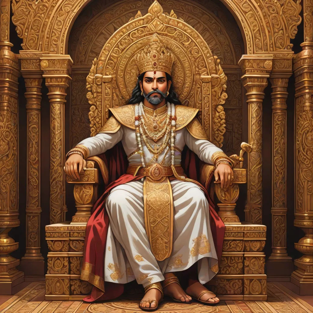 a painting of a man sitting on a throne with a beard and a gold crown on his head and a red robe on his chest, samikshavad, a detailed painting, Bholekar Srihari, highly detailed digital painting