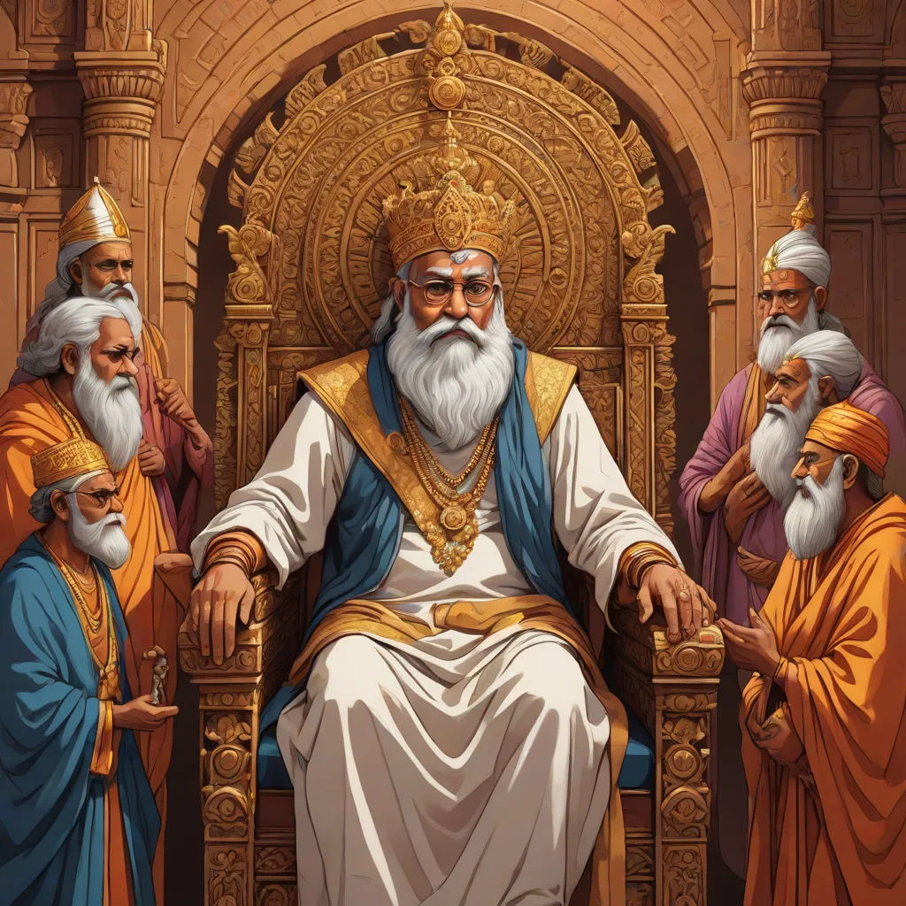 a painting of a man sitting on a throne surrounded by other men in robes and robes, all wearing gold, sumatraism, a detailed drawing, Bapu, highly detailed digital painting