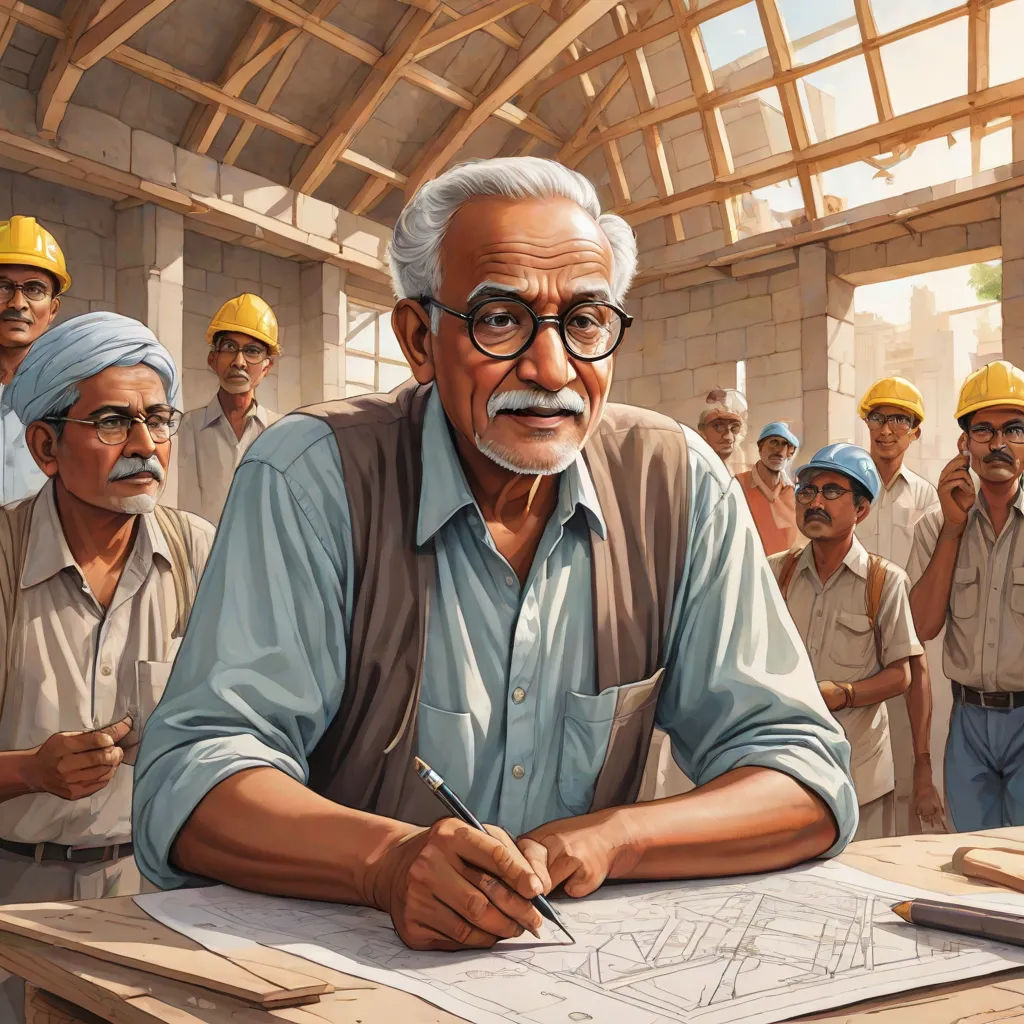 a painting of a man sitting at a table with a pencil in his hand and a group of men standing behind him, samikshavad, a detailed painting, Bapu, official art