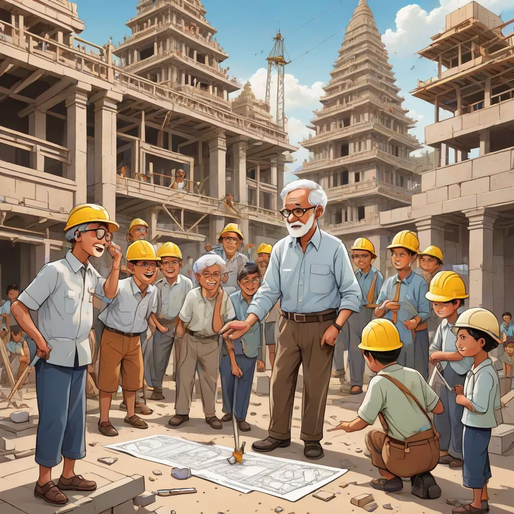 a man standing in front of a group of people wearing hard hats and holding a pencil in his mouth, socialist realism, a storybook illustration, Cliff Childs, official art