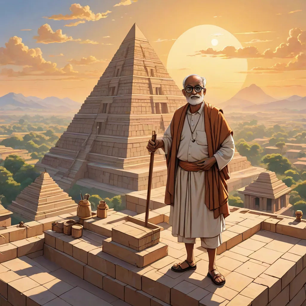 a man standing on a platform with a stick in his hand and a pyramid in the background with a sun in the sky, afrofuturism, a detailed matte painting, Christophe Vacher, magic the gathering artwork