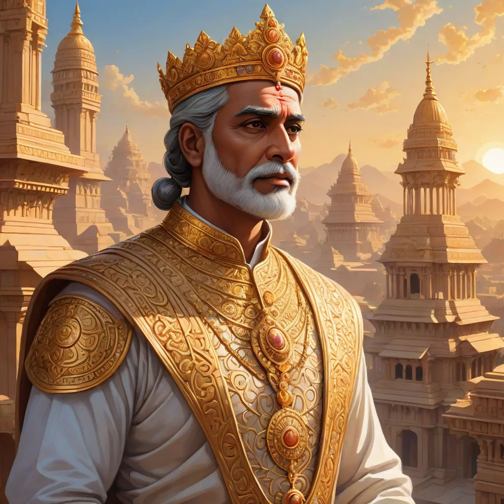 a man in a golden outfit standing in front of a castle with a sunset behind him and a castle in the background, samikshavad, a detailed painting, Bholekar Srihari, highly detailed digital painting