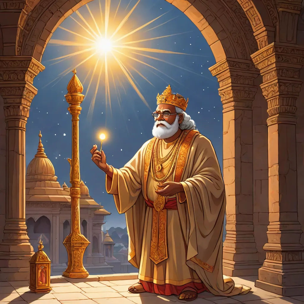 a man in a golden robe holding a light in his hand and a golden pole in his hand in front of a doorway, samikshavad, a storybook illustration, Bholekar Srihari, radiant light