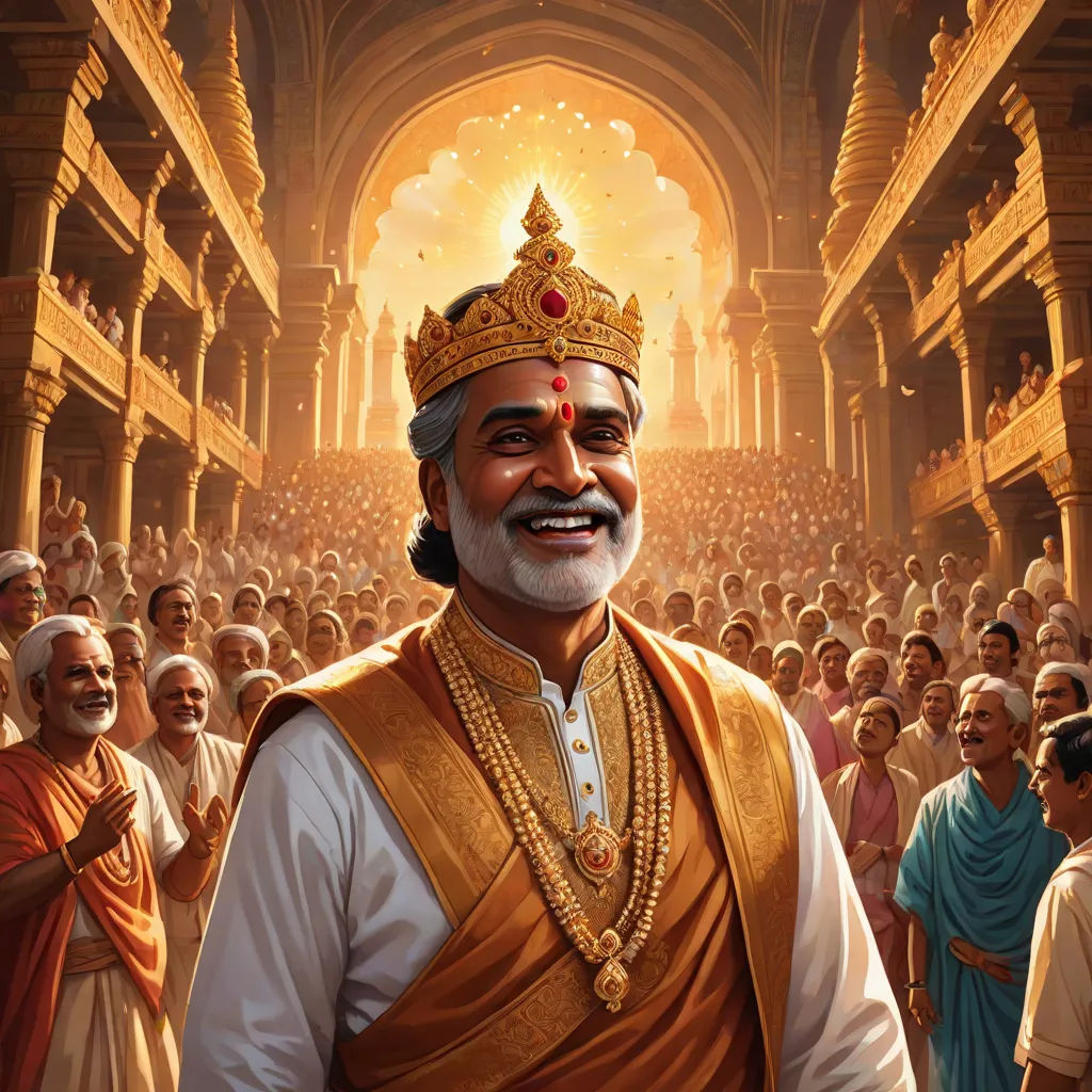 a man in a crown standing in front of a crowd of people in a temple with a halo on his head, samikshavad, a detailed painting, Bholekar Srihari, official art