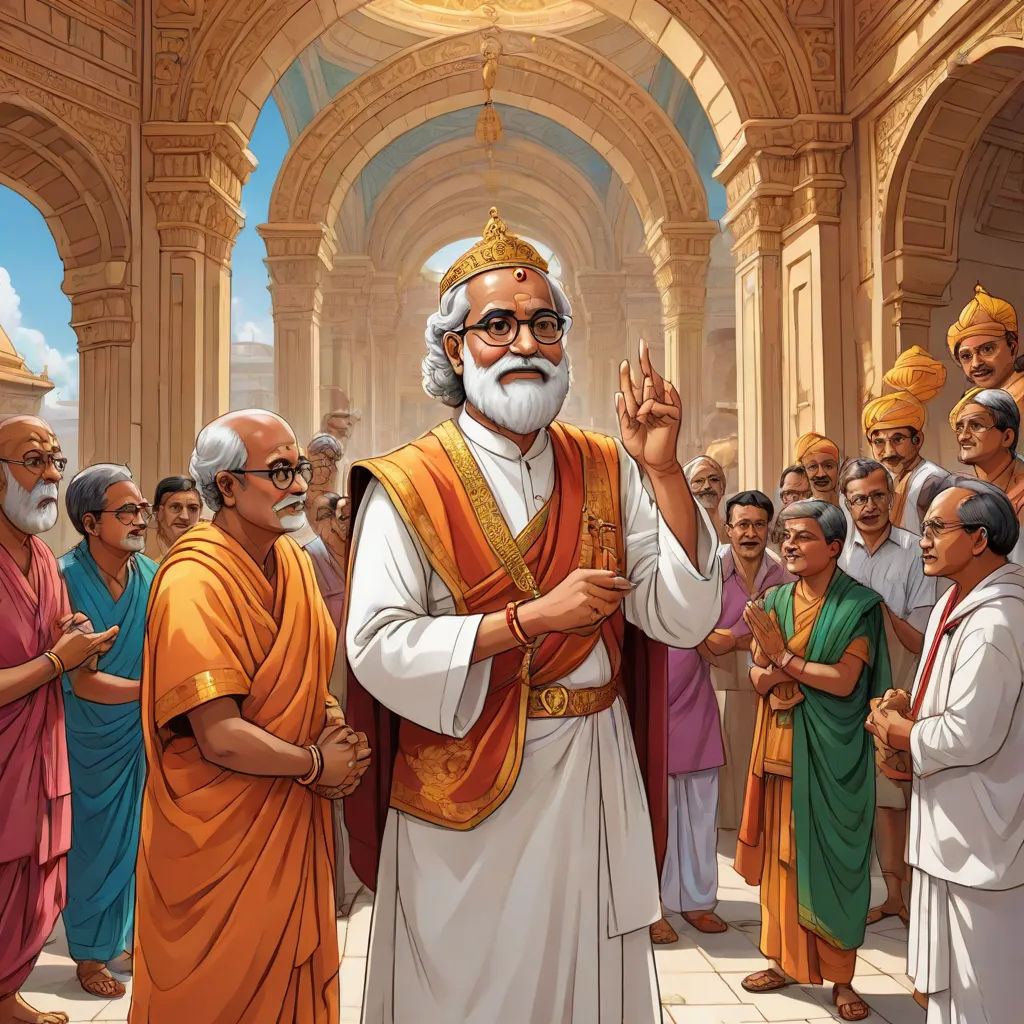 a painting of a man with a beard and glasses standing in front of a crowd of people wearing orange and green robes, samikshavad, an illustration of, Bapu, high detail illustration