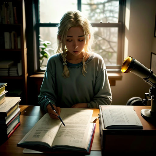 a woman sitting at a desk with a book and a lamp on it, writing in a book, and a lamp on the desk
