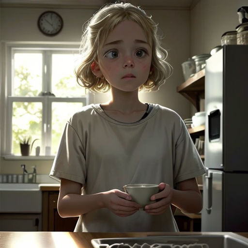 a young girl holding a bowl in a kitchen with a refrigerator and a clock in the background and a window
