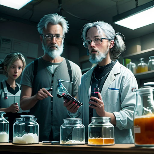 a group of people standing around a table with jars and beakles on it and a man holding a beakle