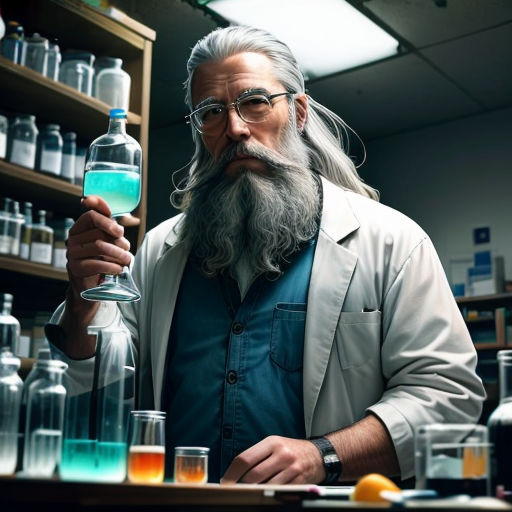 a man with a long beard holding a glass in a laboratory filled with liquids and bottles of liquid and a beakle