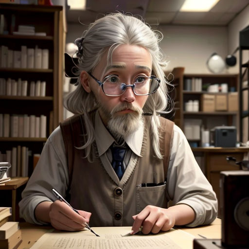 a man with a beard and glasses sitting at a desk with a book and pen in his hand and a book in front of him