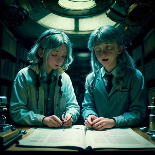 two girls are sitting at a table with a book and pen in their hands and looking at the pages