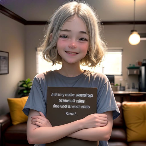 a young girl holding a sign in a living room with a couch in the background and a lamp on the wall