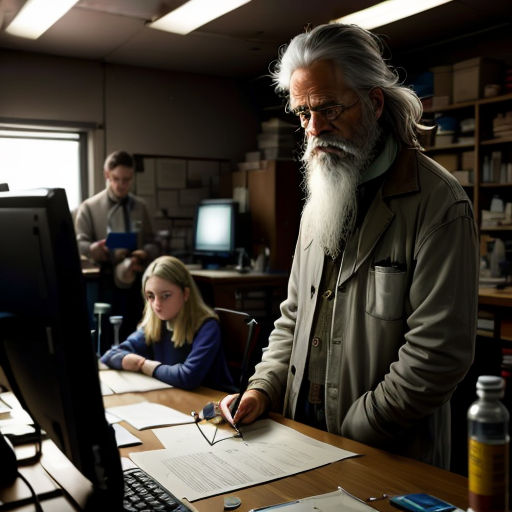 a man with a long white beard standing in front of a computer screen and a woman sitting at a desk
