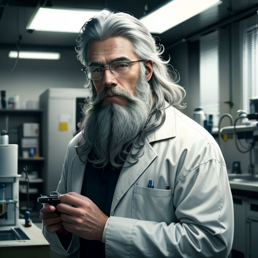 a man with a long beard and glasses is looking at a cell phone in a lab area with a laptop