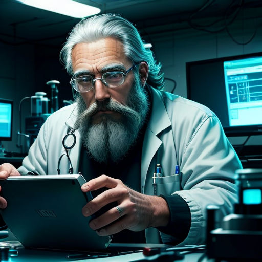 a man with a beard and glasses is looking at a tablet computer in a lab with a lot of monitors