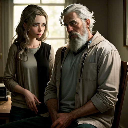 a man and a woman sitting next to each other in a room with a window and a table with a laptop