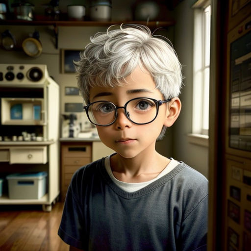 a young boy wearing glasses in a kitchen with a wooden floor and cabinets in the background, looking at the camera