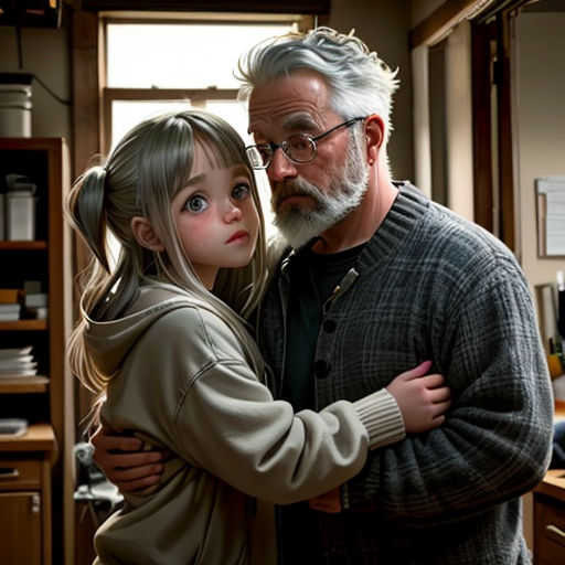 a man and a little girl hugging in a kitchen together, with a window in the background and a shelf full of books