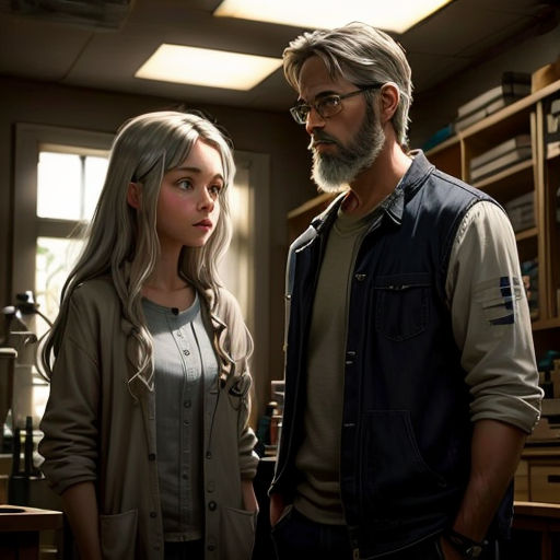 a man and a woman standing in a room with a book shelf and a window behind them, looking at each other
