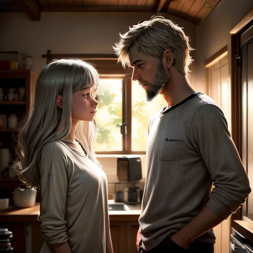 a man and a woman standing in a kitchen next to each other looking at each other and looking at each other
