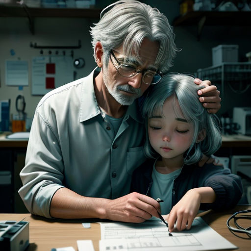 a man and a little girl sitting at a desk with a pen and paper in front of them,
