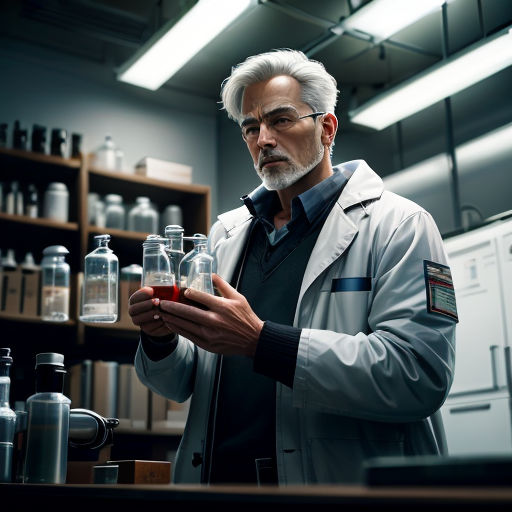 a man in a lab coat holding a glass jar with liquid in it and a shelf with bottles behind him