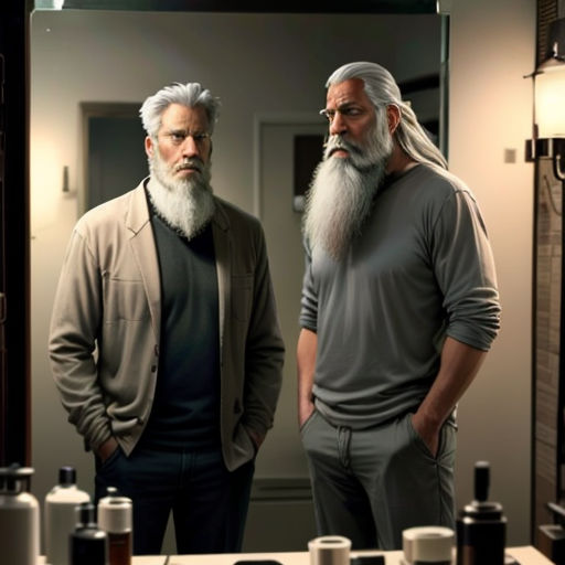 two men standing in front of a mirror in a bathroom with a lot of bottles on the counter and a mirror behind them