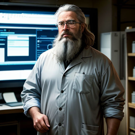 a man with a long beard and glasses standing in front of a computer monitor in a room with shelves