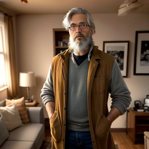 a man with a beard and glasses standing in a living room with a couch and a window in the background