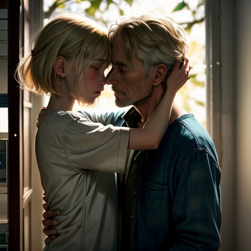 a man and a woman are embracing each other in front of a window with a tree in the background