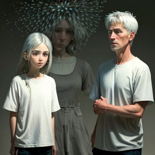 a man and a woman standing next to each other in front of a fireworks display with a woman standing next to them