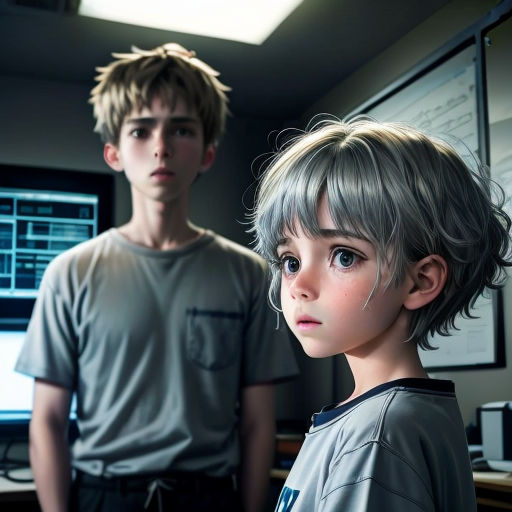 a boy and a girl standing in front of a computer screen in a room with a computer monitor on the wall