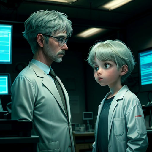 a man and a child in a lab coat looking at each other in front of computer monitors in a room
