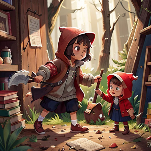 a little girl and a boy in a forest with books and a book shelf full of books and a book