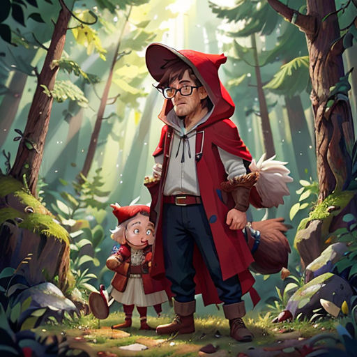 a man and a child in a forest with a red cape on and a red hat on, and a red coat on